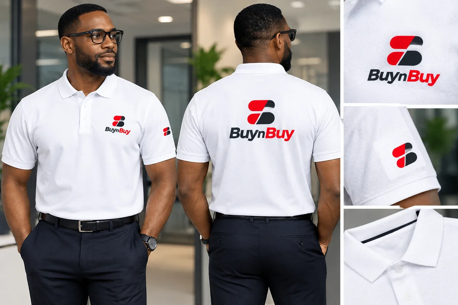 Buy n Buy branded polo shirts, front and back, with embroidery detail