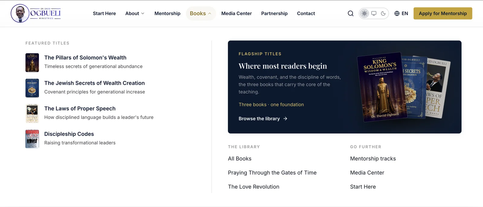 The books section showing featured and flagship titles and the library