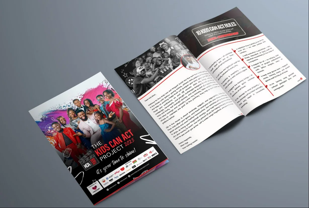 An open printed brochure designed for the Kids Can Act project